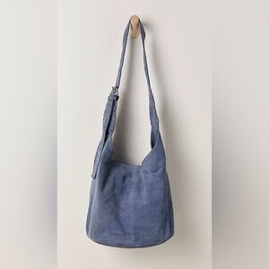 Free People Sage Suede Bucket Tote Bag Slate Blue with Grommets
